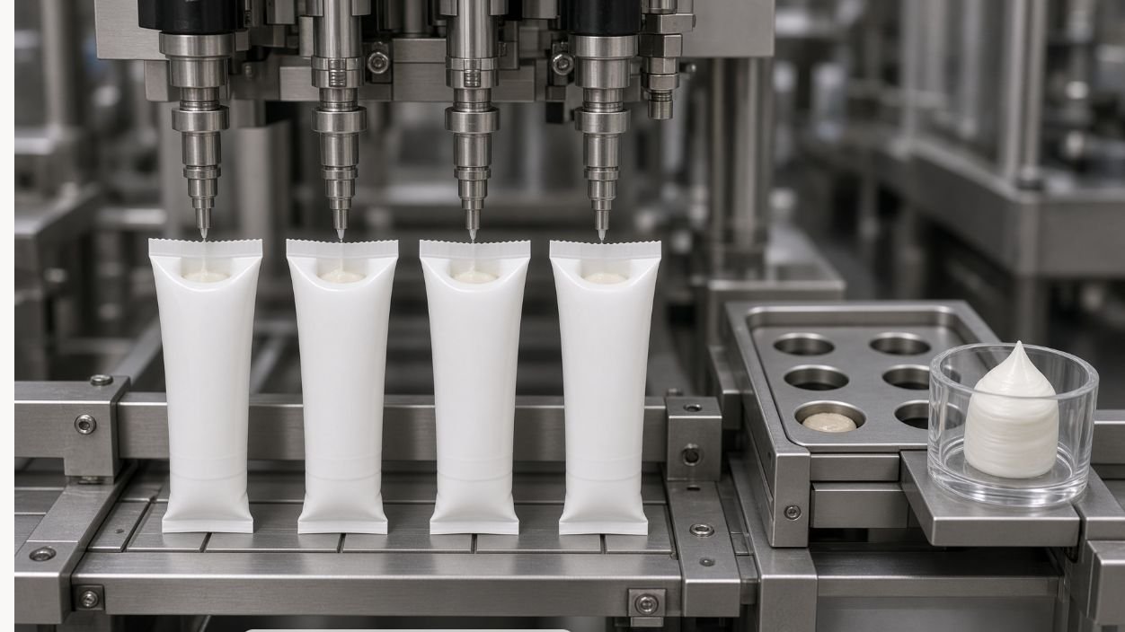 Toothpaste tubes aligned beneath metering nozzles for fill-weight and trapped-air control