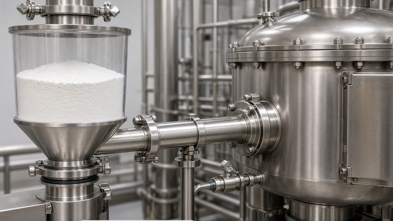 Sealed powder induction hopper connected to a stainless steel toothpaste vacuum mixer