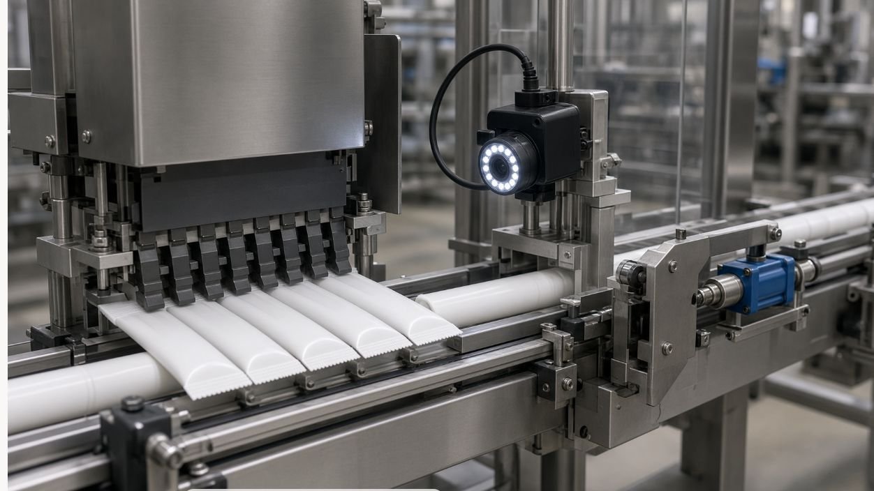 Sealed toothpaste tubes passing an optical tail-seal inspection station