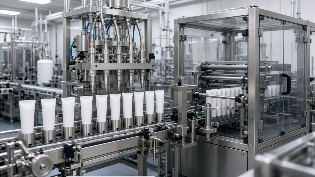 Automated toothpaste tube filling and sealing line with upright collapsible tubes