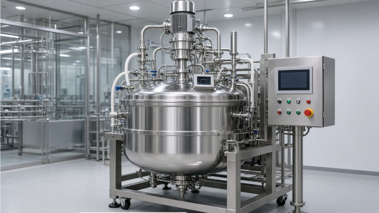 Stainless steel toothpaste vacuum emulsifying mixer with sanitary piping and process controls