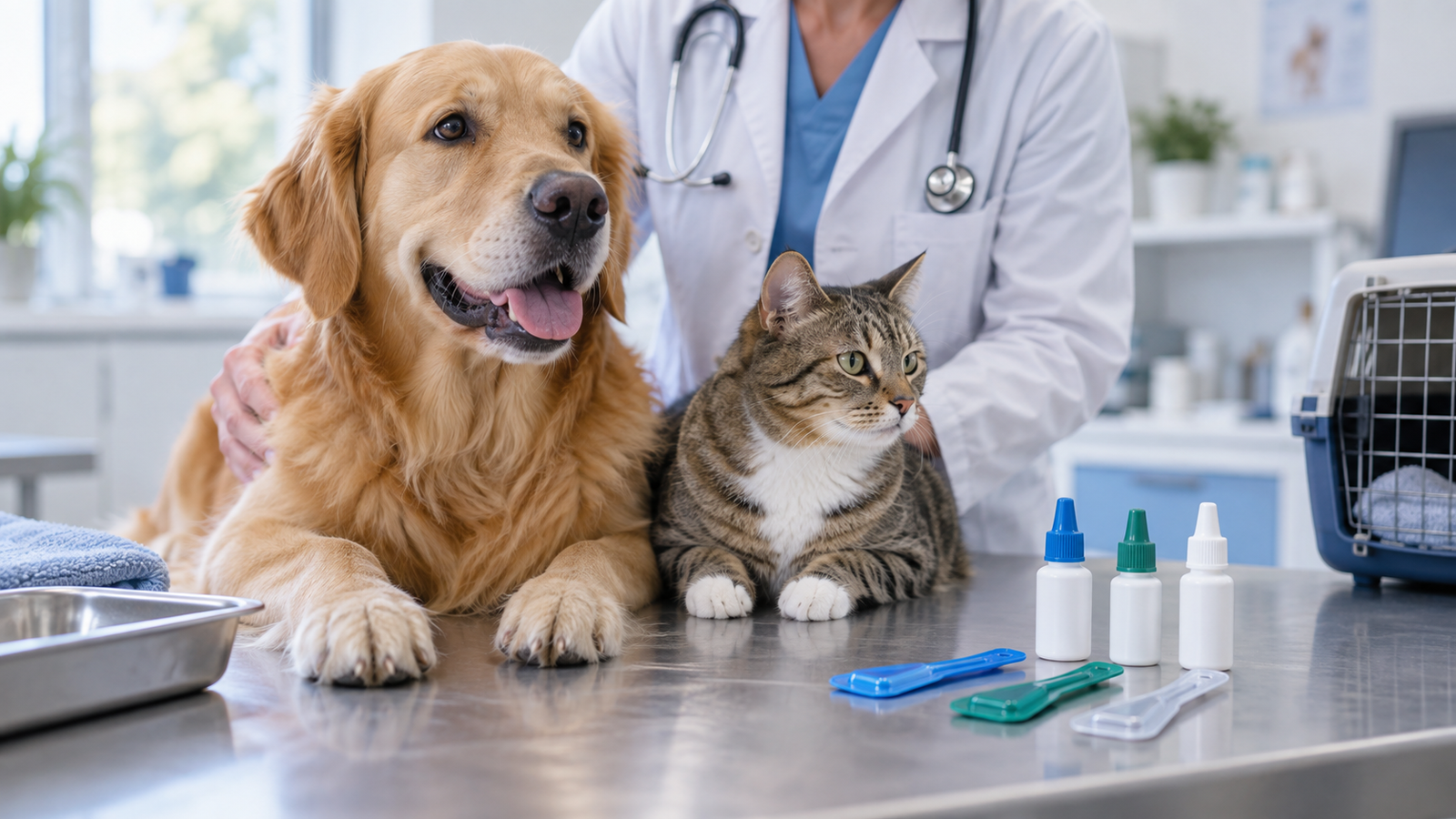 Pet deworming products in a veterinary clinic