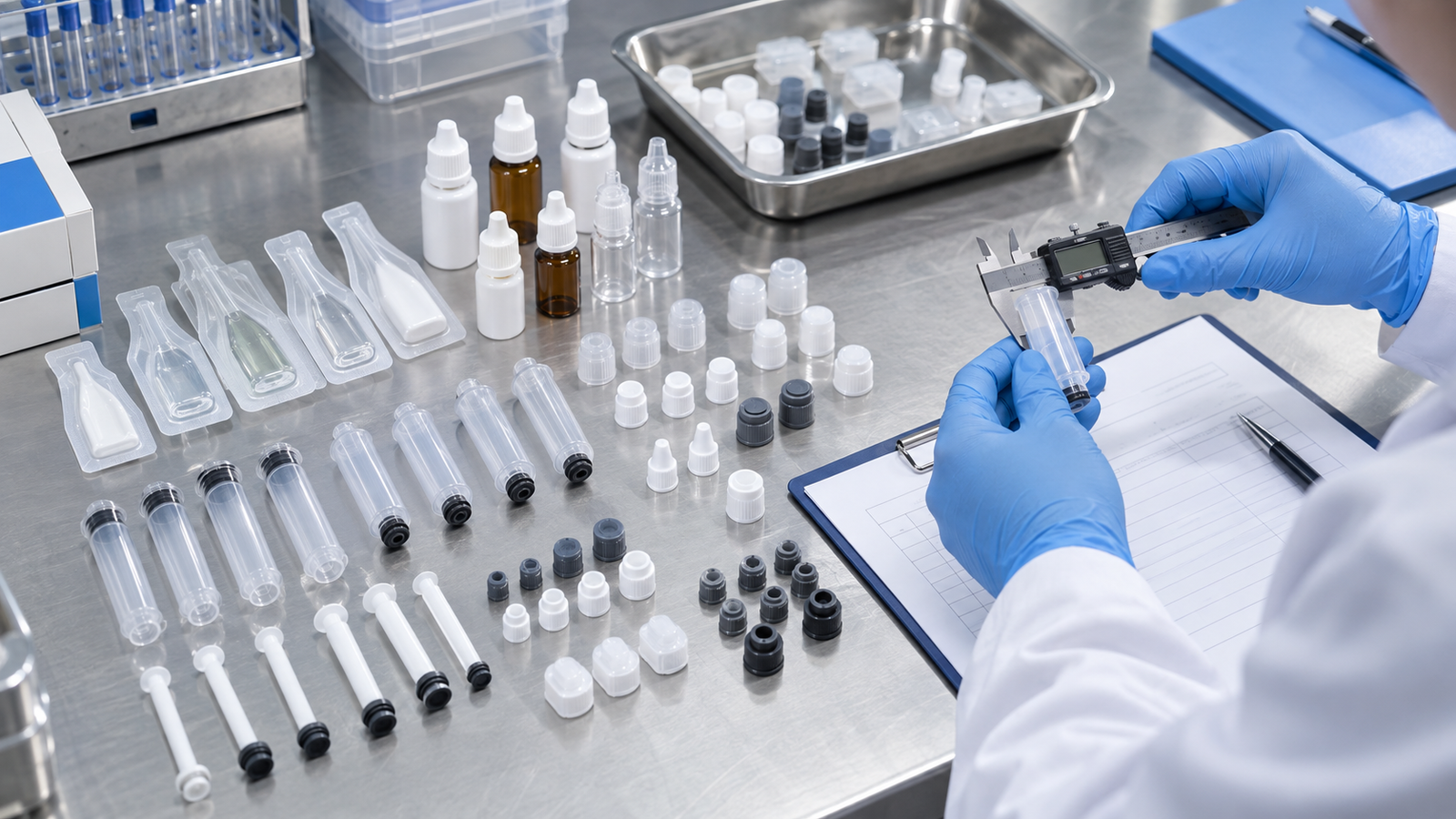 Engineer inspecting veterinary packaging components and syringe parts