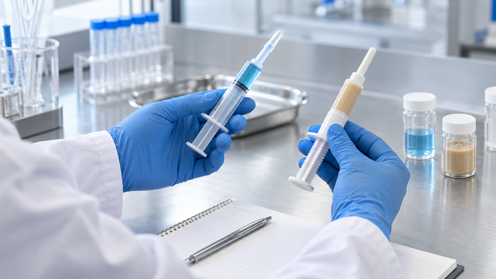 Veterinary specialist comparing liquid and paste dosing applicators