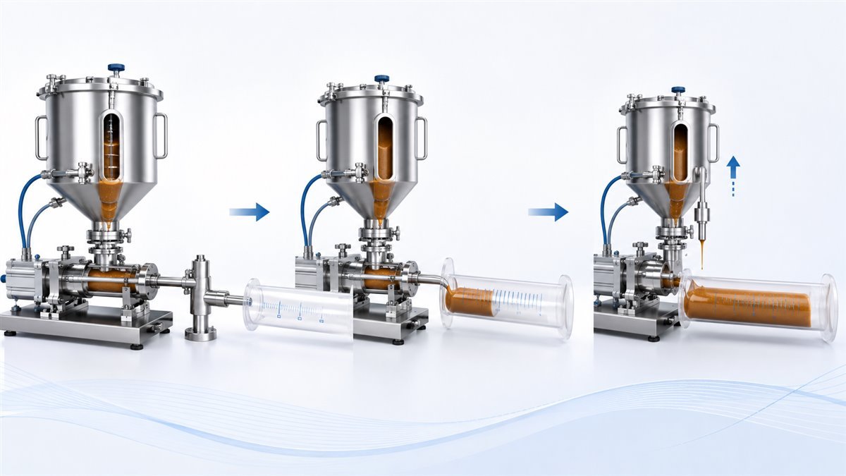 High-viscosity veterinary paste rear filling process diagram