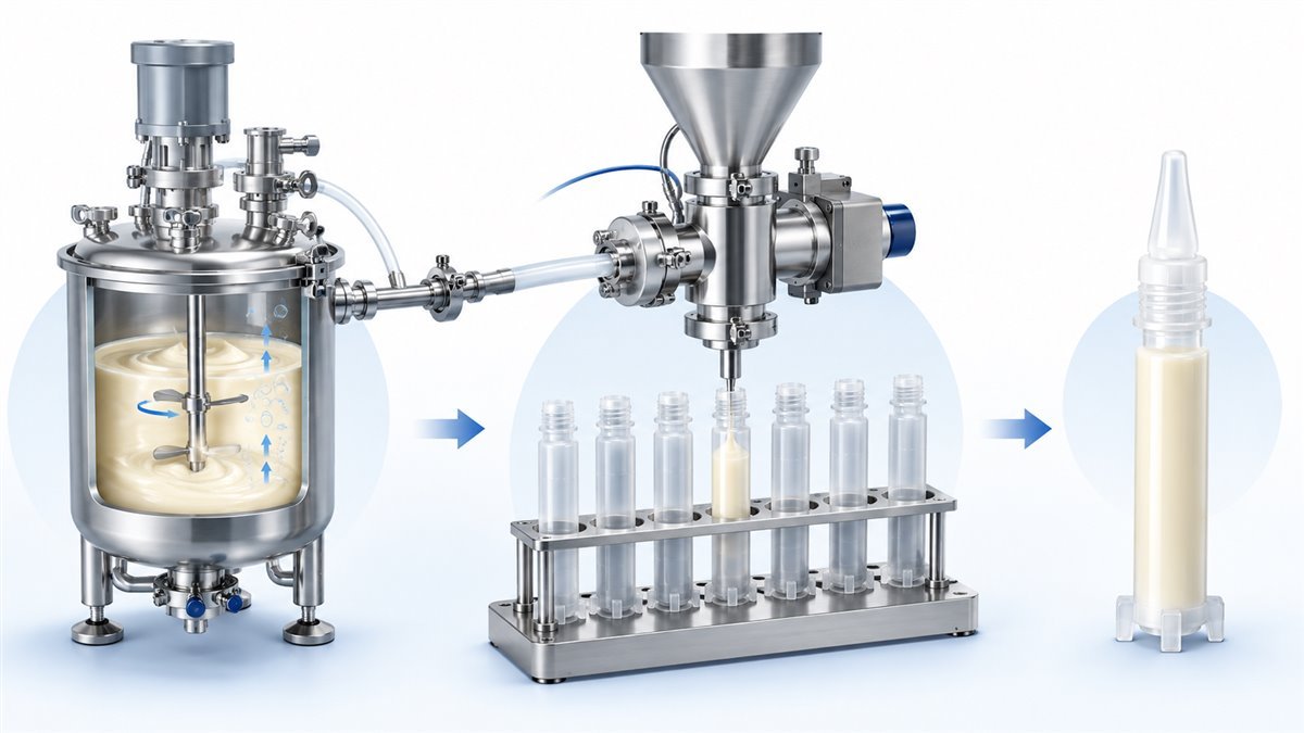 Veterinary suspension and cream precision filling process diagram