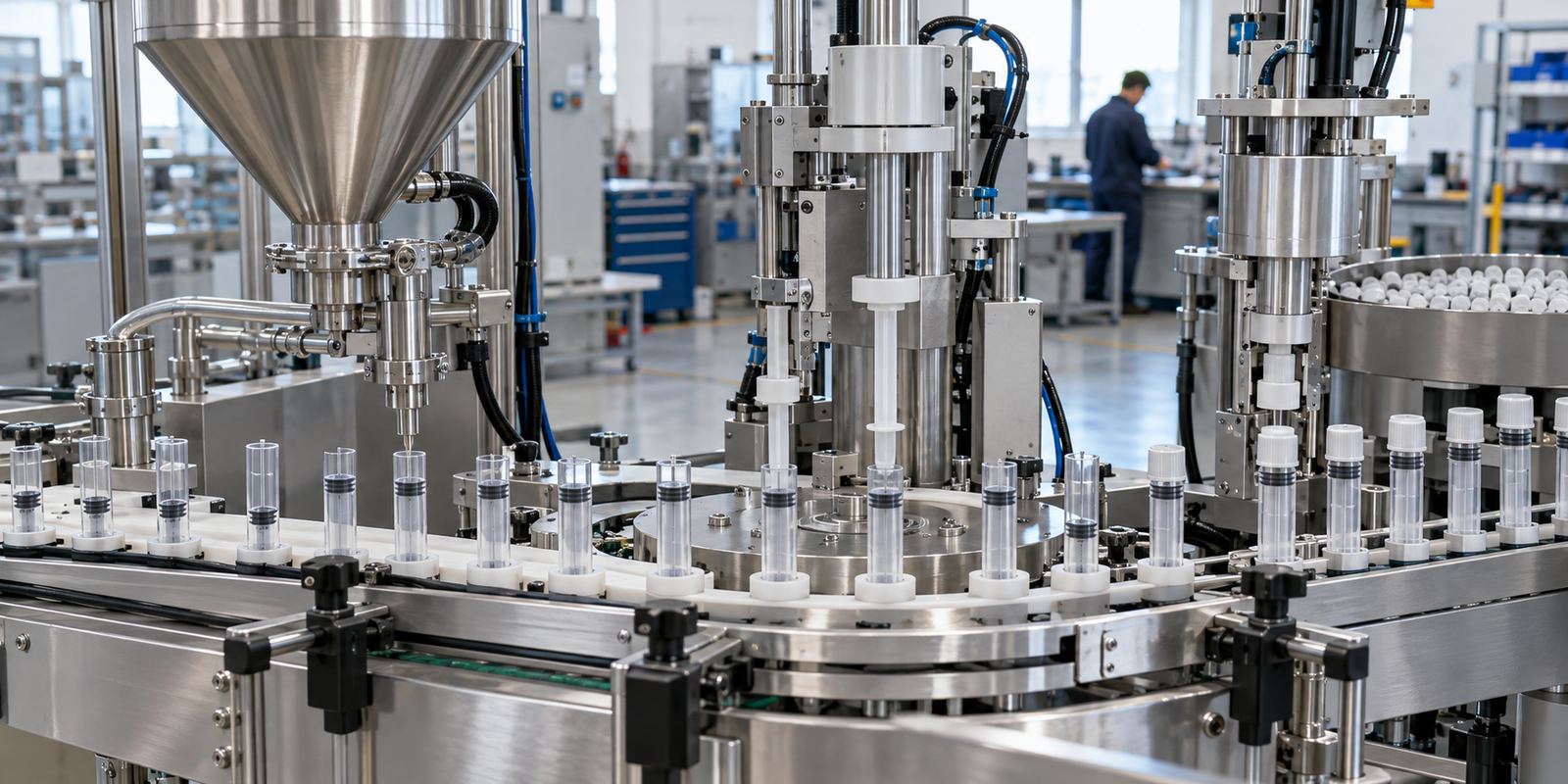 Syringe filling machine stations from dosing head to piston insertion and cap closure