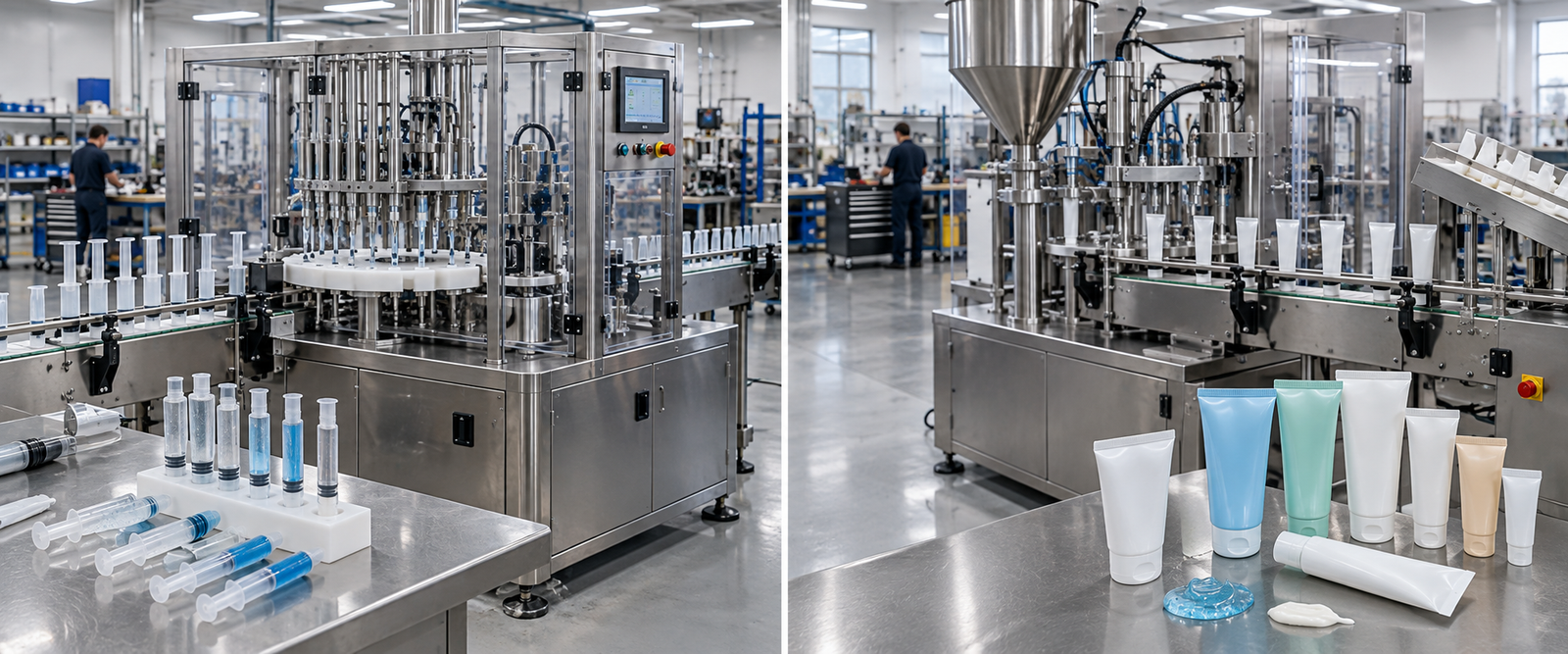 Syringe filling versus tube filling machine comparison in a packaging workshop