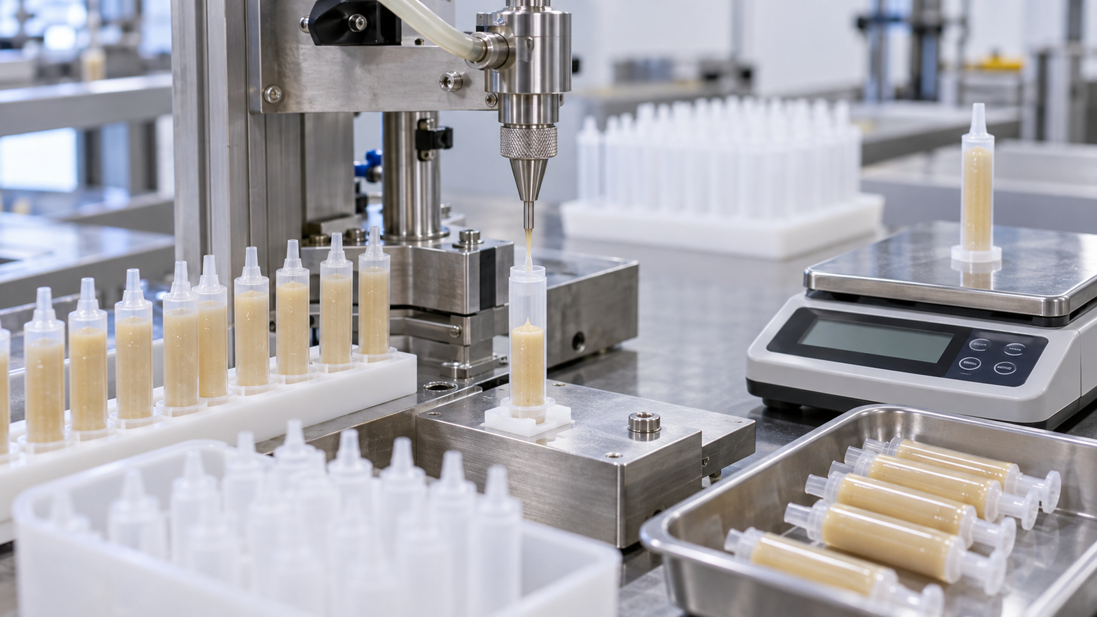 Ant gel bait filling machine sample trial with fine dosing nozzle and digital balance