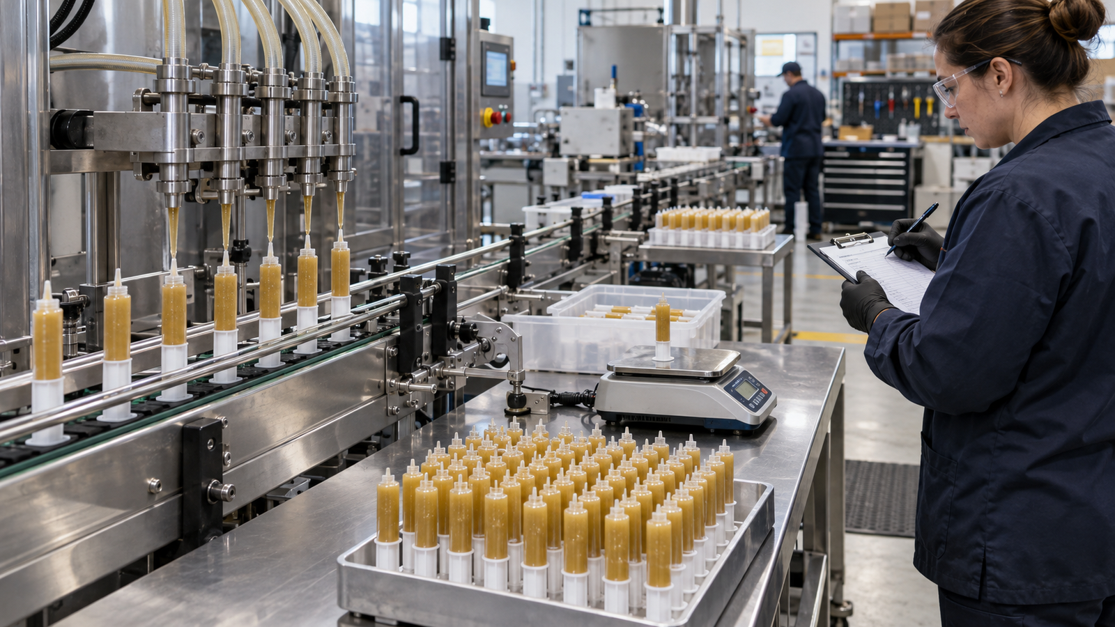 Gel bait syringe filling line capacity trial with filled syringes and digital scale