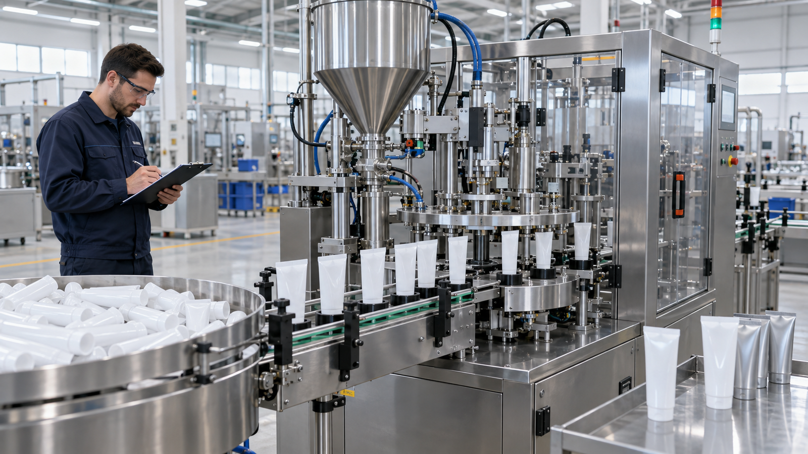 Engineer reviewing a rotary tube filling line configuration