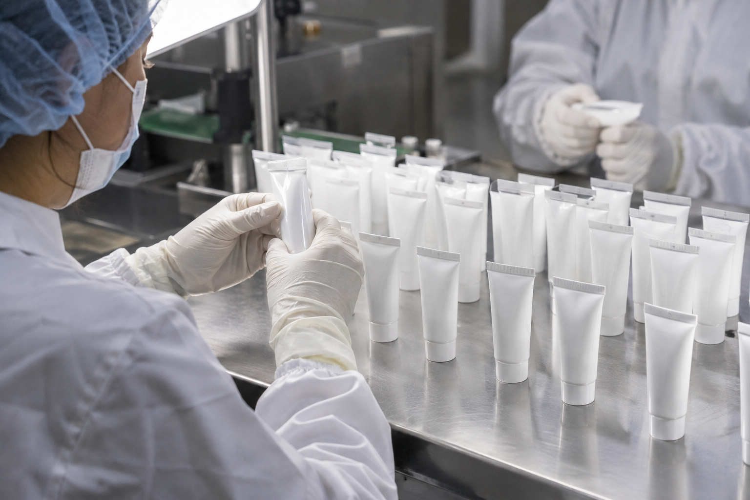 Operators comparing finished tube seal samples