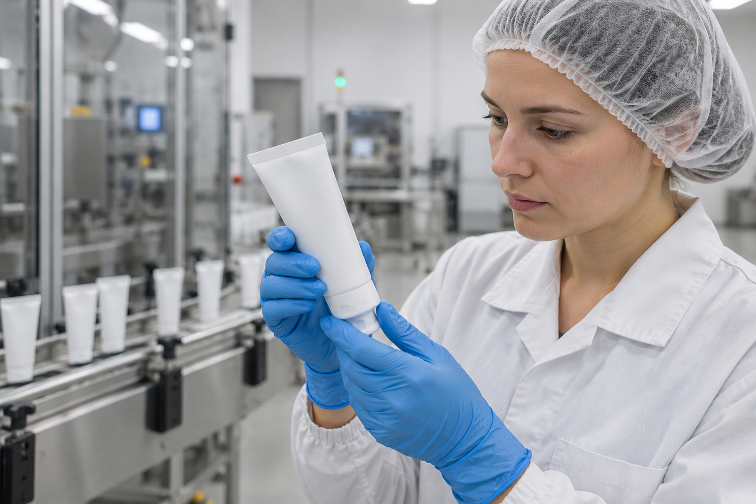 Technician inspecting a finished tube during a sample review
