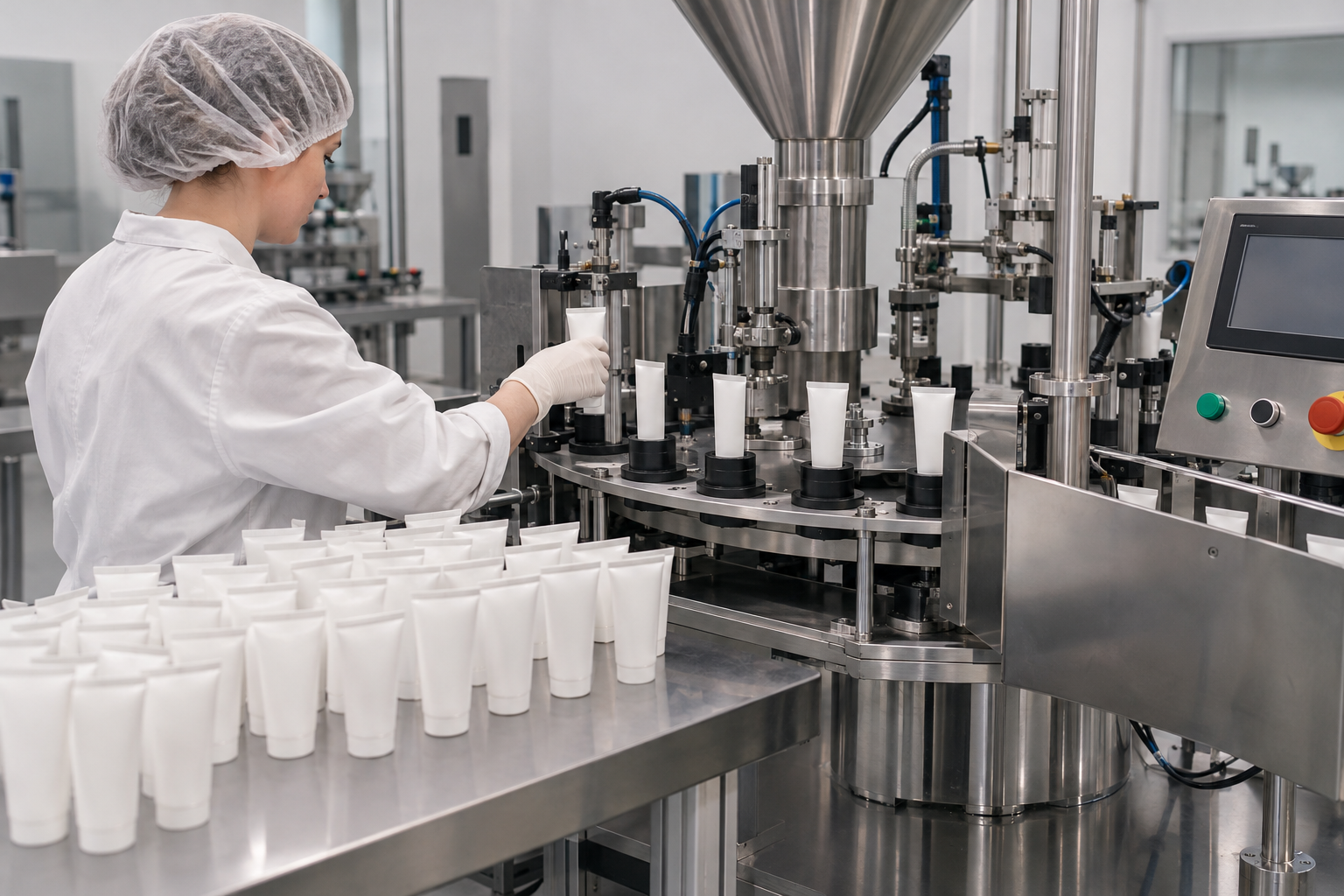 Operator reviewing tube handling and the filling machine workstation