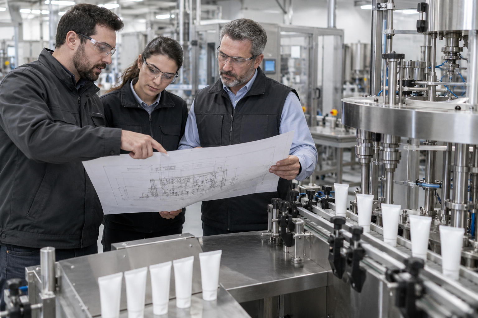 Engineering team reviewing a tube filling project layout