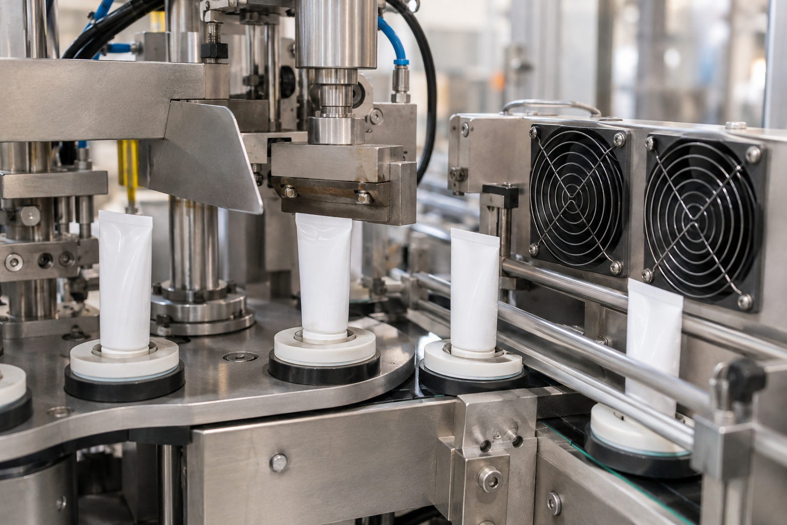 Tube tail held at the sealing station of a rotary machine