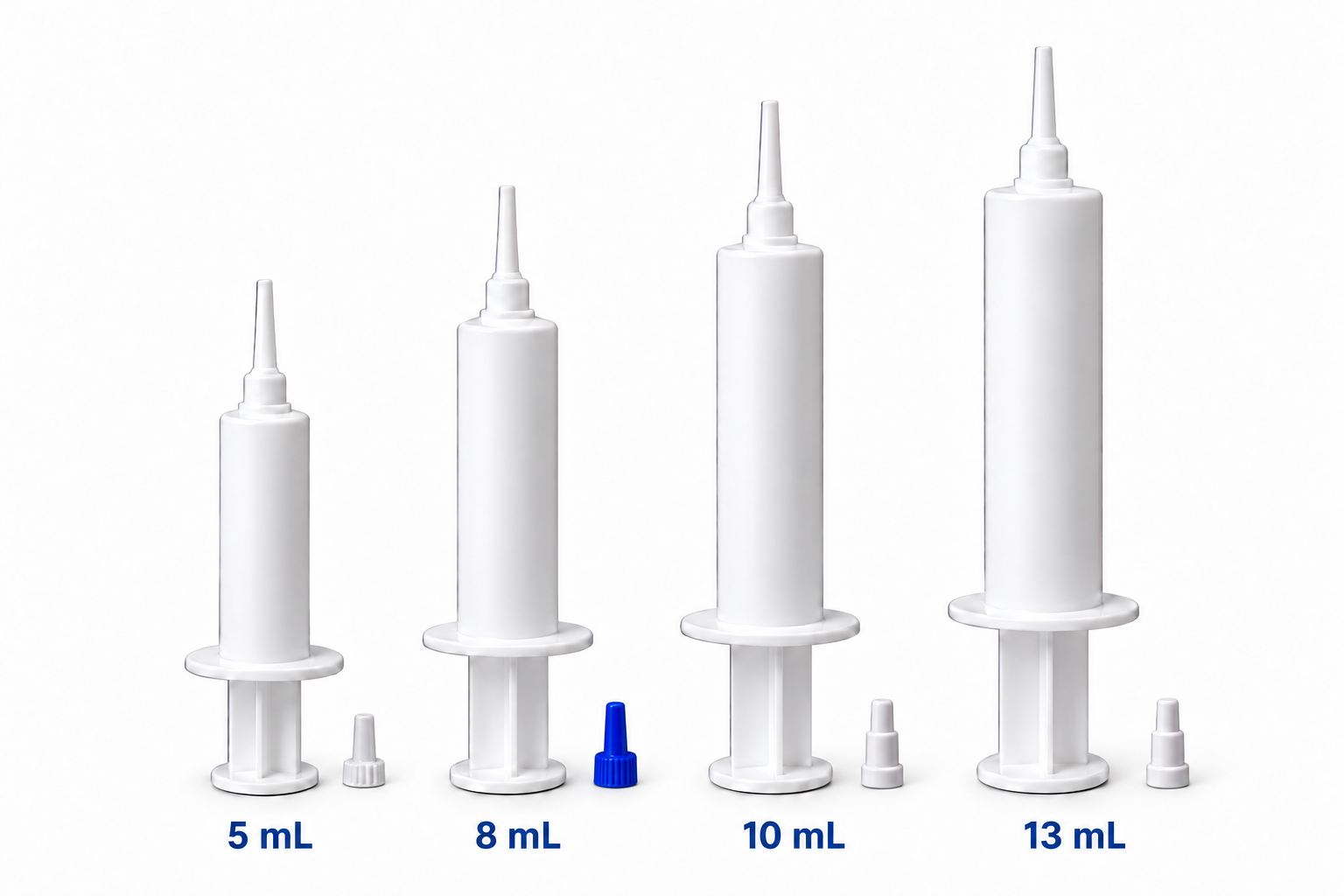 White-background intramammary syringe formats in 5 mL, 8 mL, 10 mL and 13 mL sizes