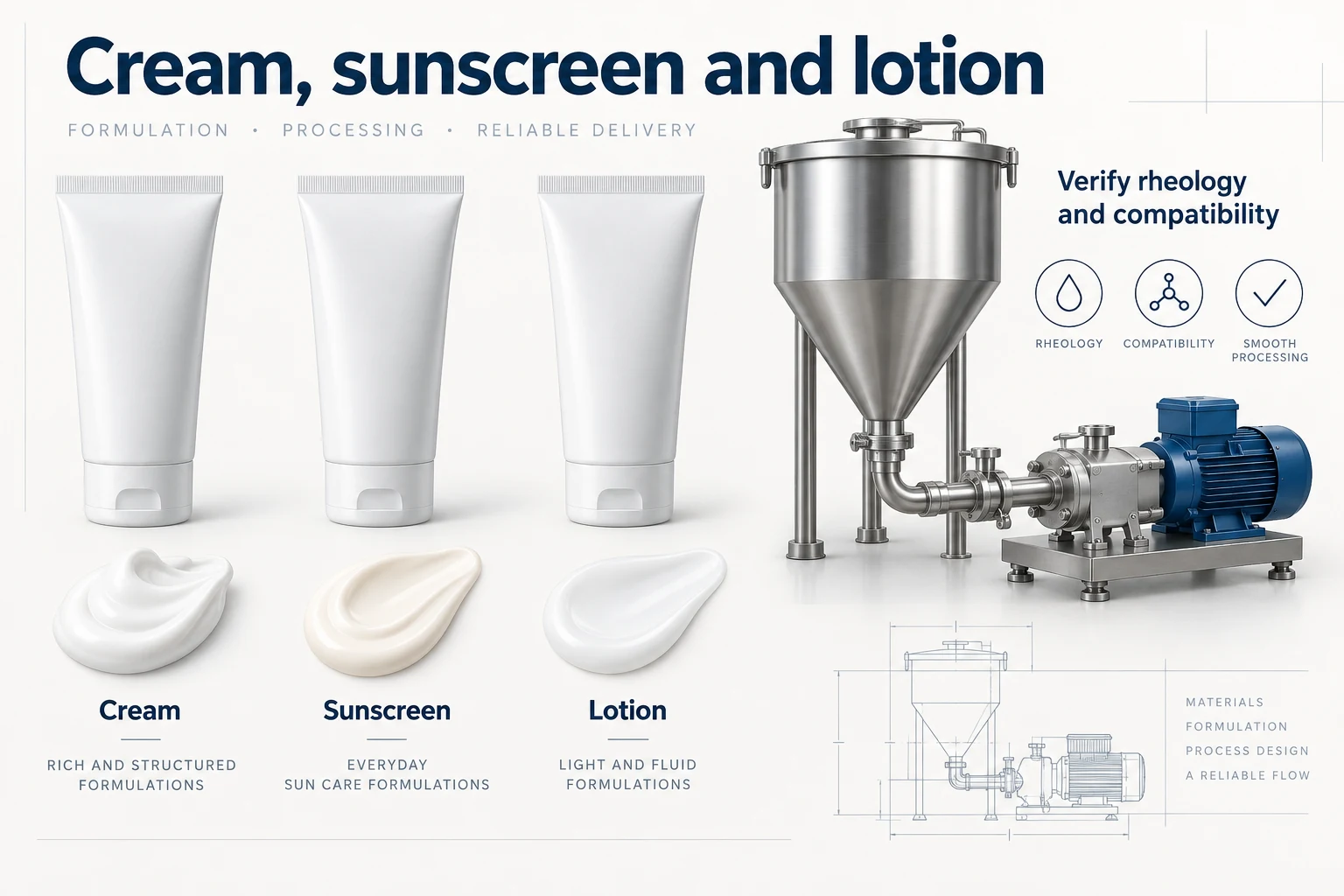 Cream, Sunscreen and Body Lotion Tube Filling Solutions concept illustration