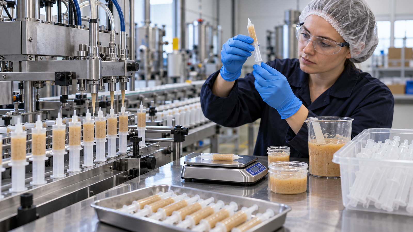 Gel bait syringe filling line capacity trial with filled syringes and digital scale
