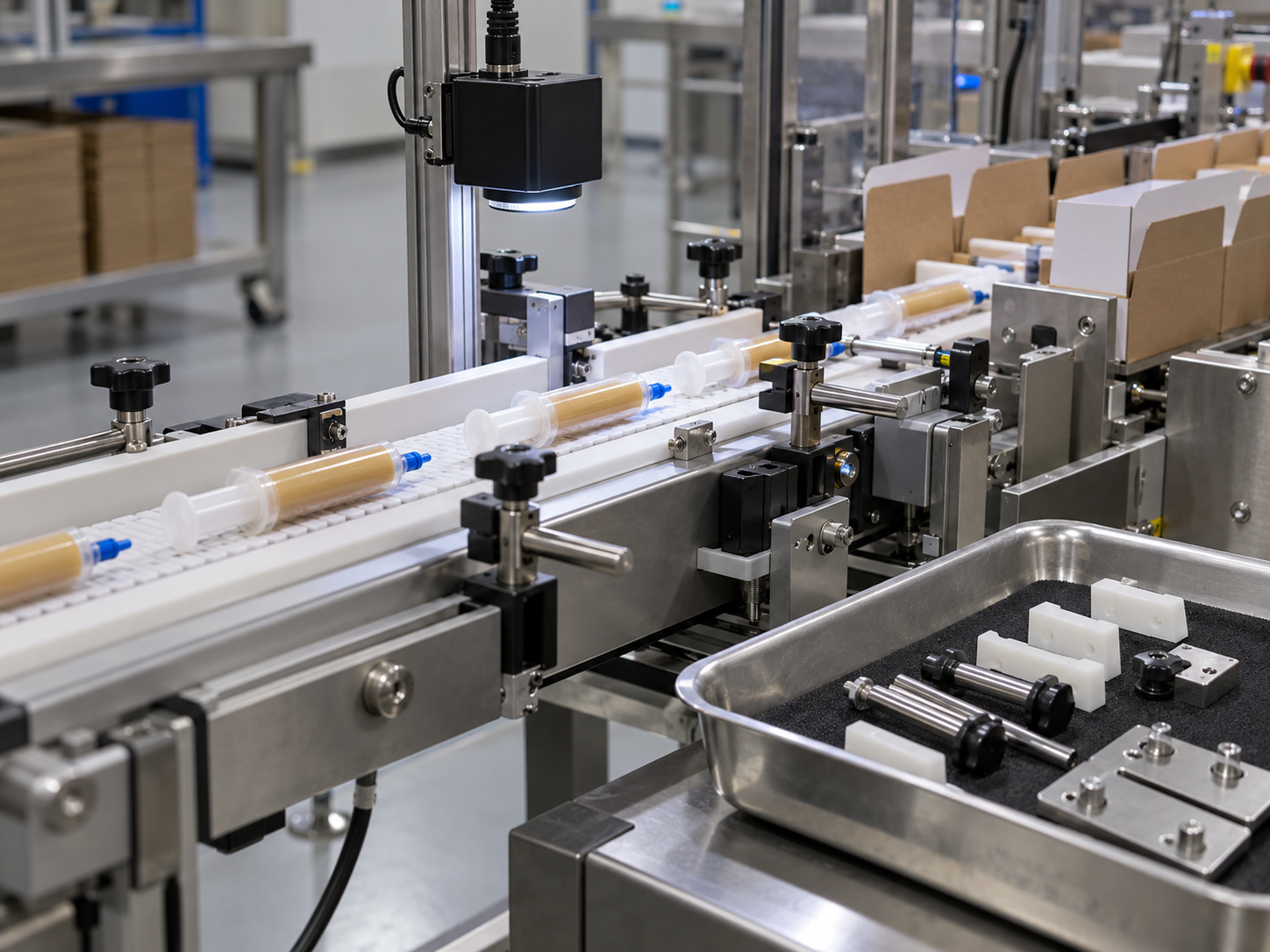 Gel bait syringe conveyor and inspection section in a filling line