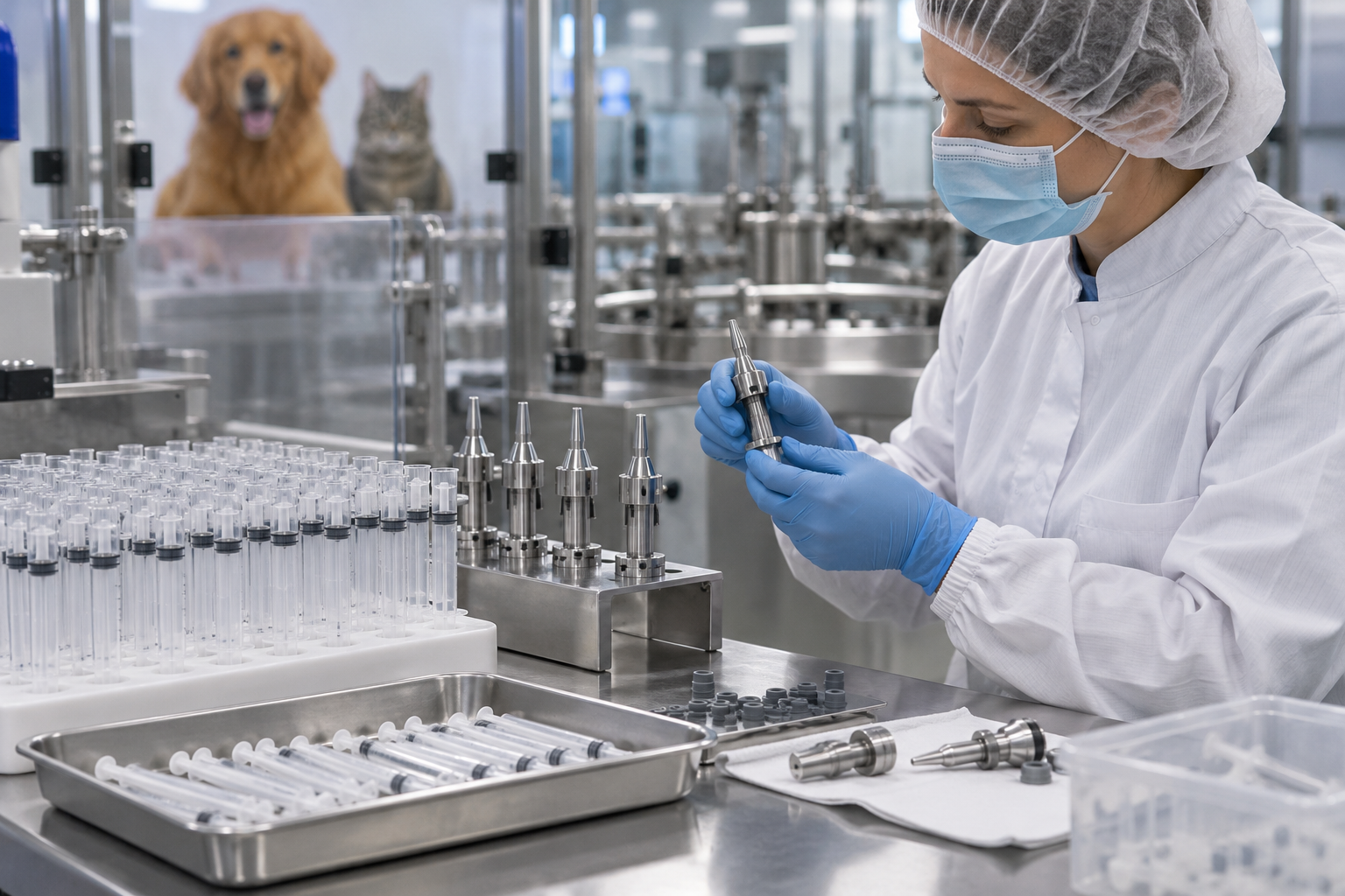 Veterinary syringe format parts and dosing nozzles prepared for changeover