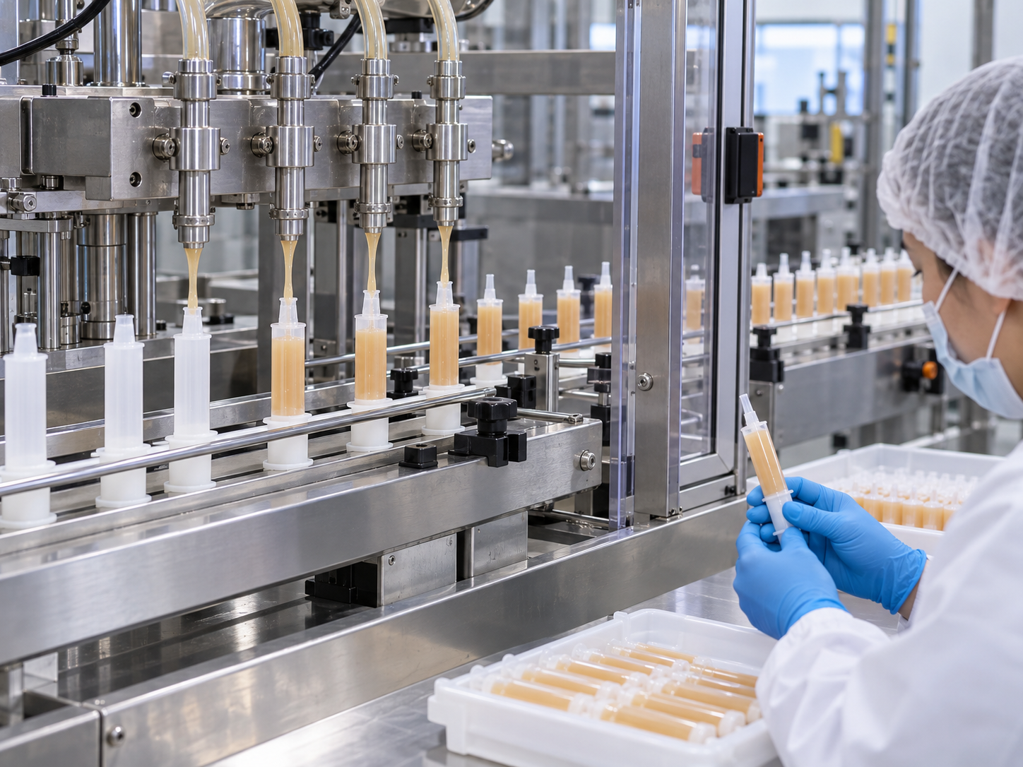 Ant gel bait filling machine dosing viscous gel into syringe-style tubes