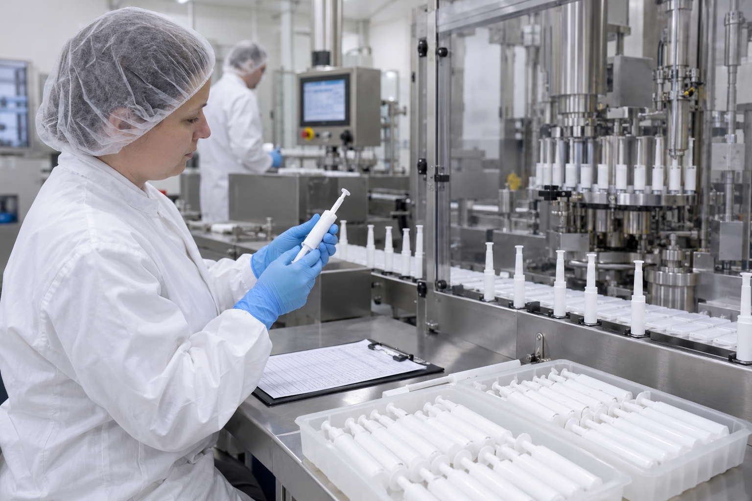 Factory acceptance test for an intramammary syringe filling line