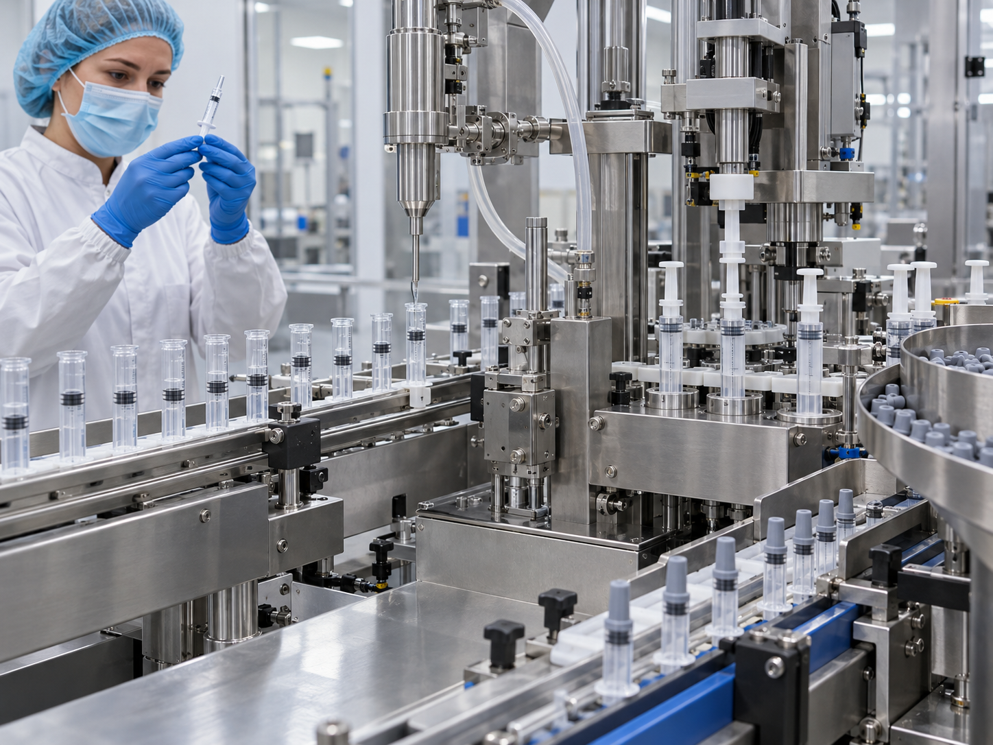Clean syringe filling line with dosing nozzle, piston insertion and cap handling