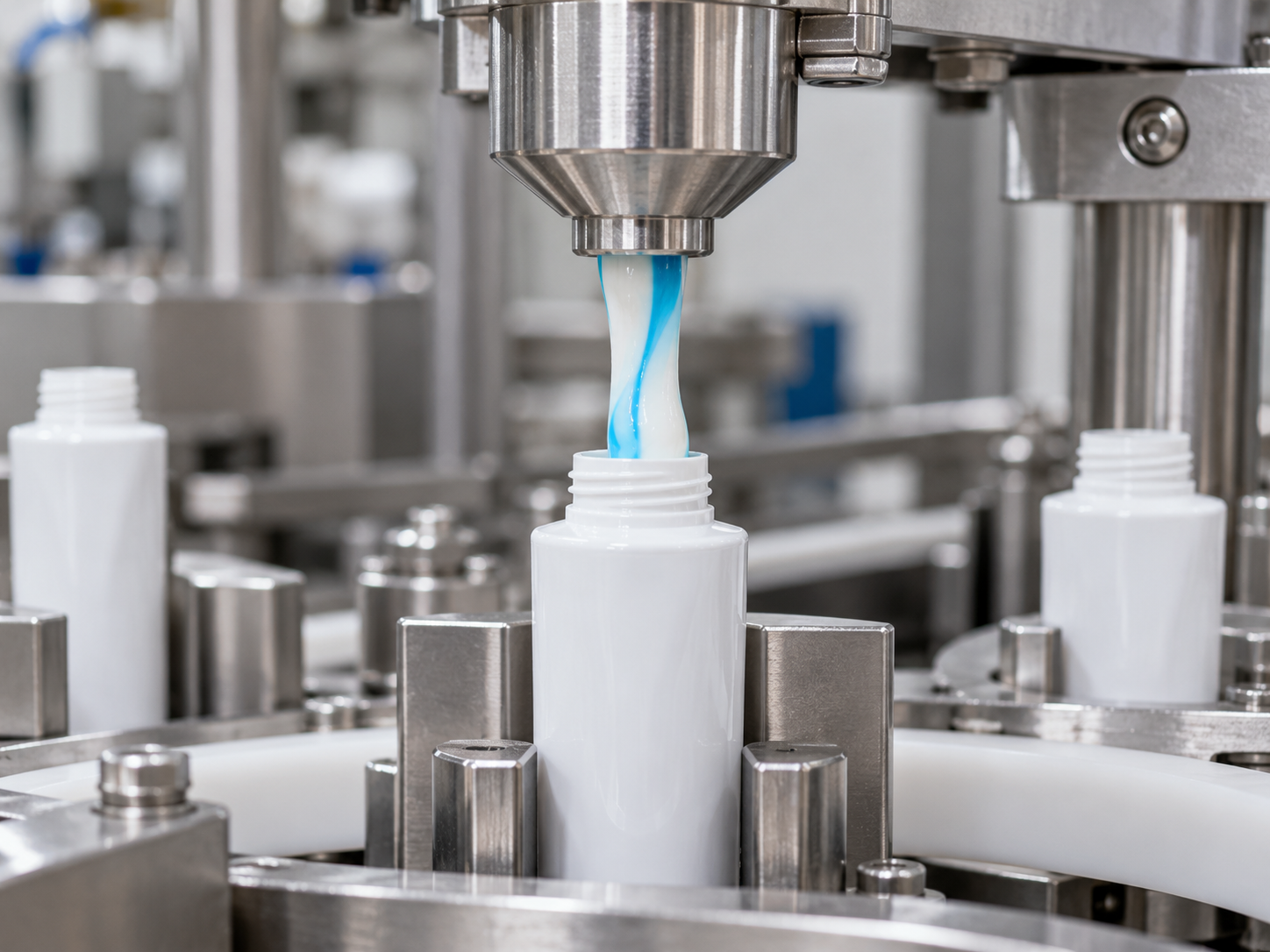Toothpaste tube filling changeover tools arranged beside a compact machine