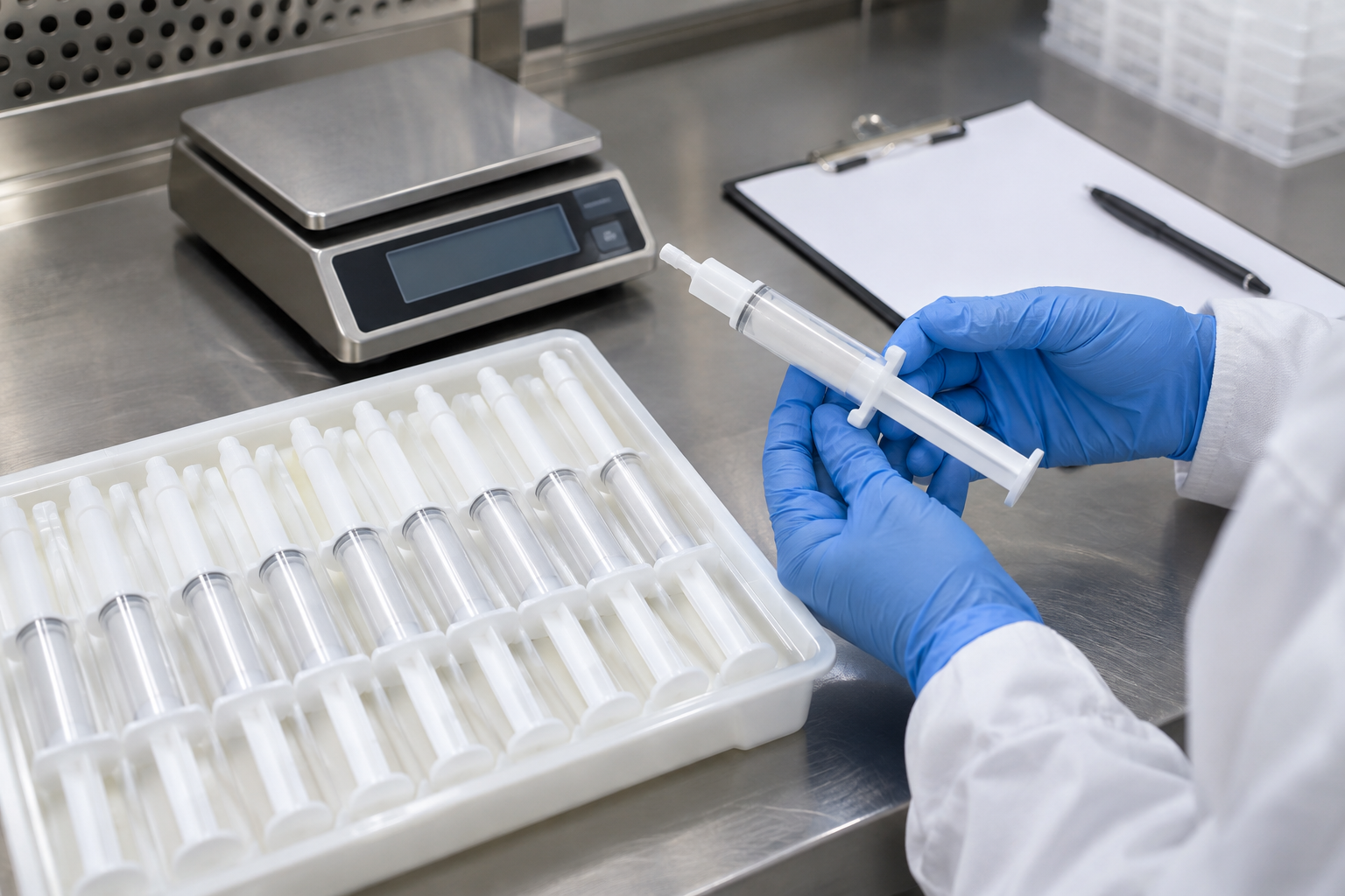Veterinary syringes arranged for net-content and visual inspection