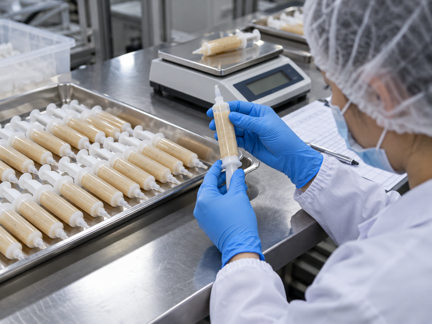 Operator checking filled ant gel bait tubes on a stainless inspection tray