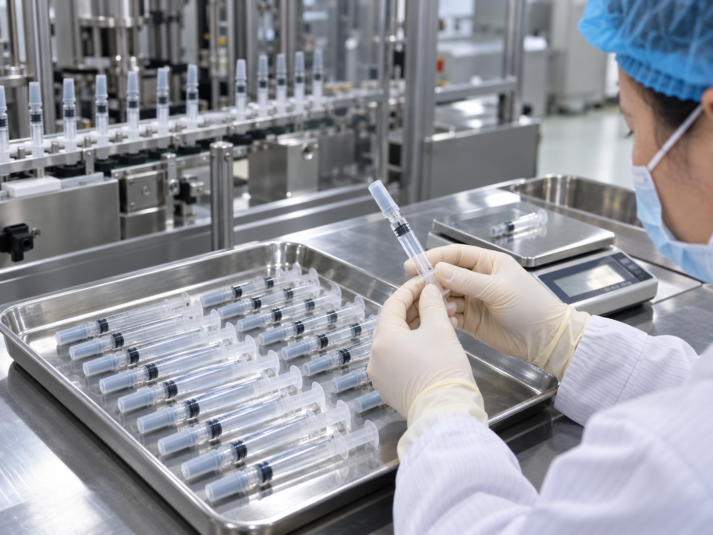 Operator checking filled syringes, piston position and closure on an inspection tray