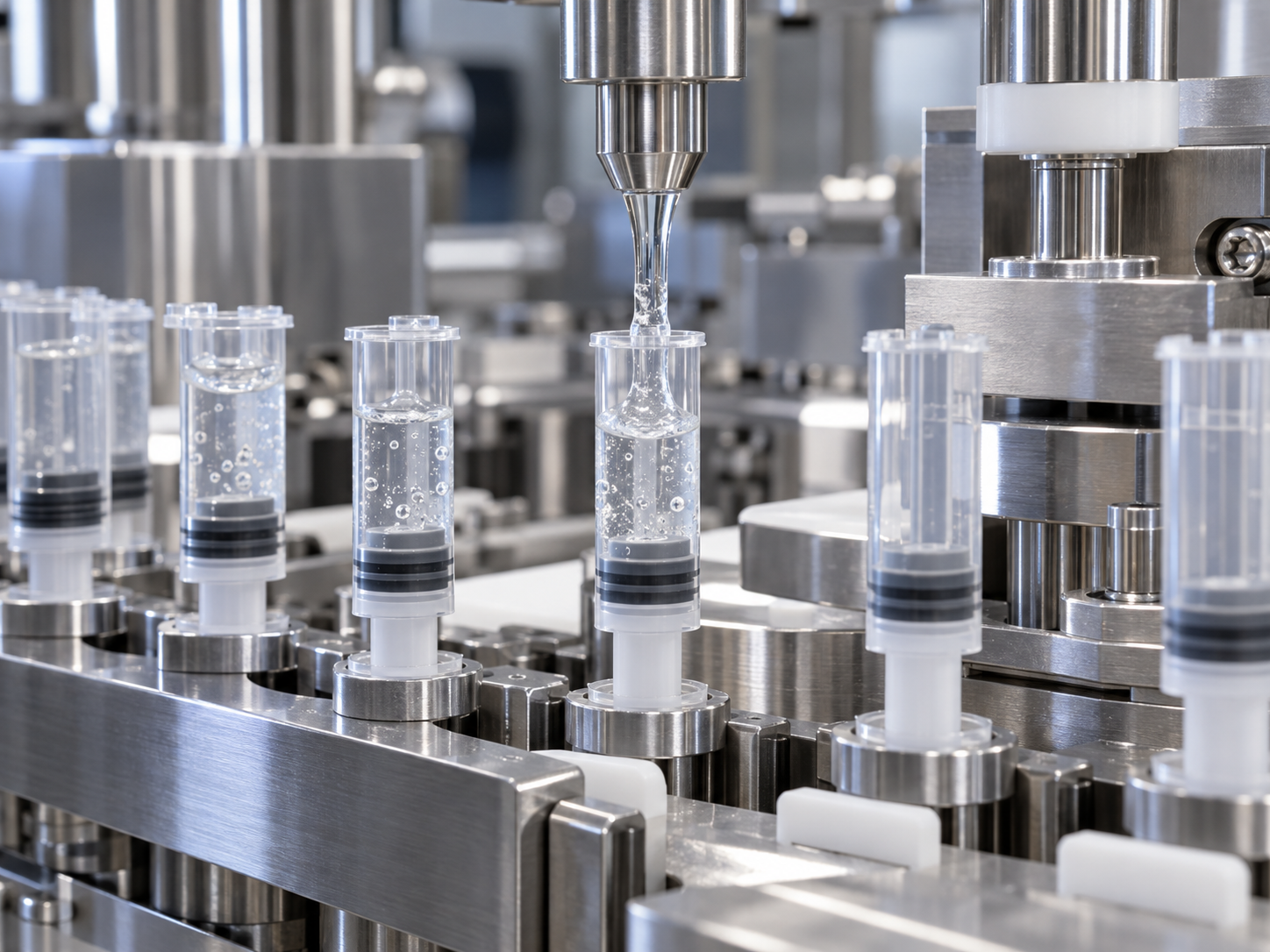 Dosing nozzle depositing viscous gel into transparent syringe barrels