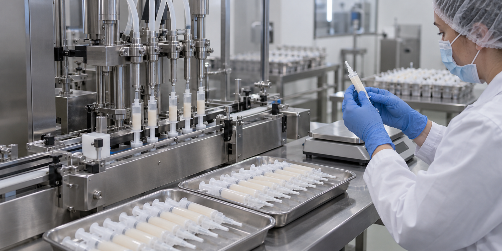 Intramammary veterinary syringe filling line with operator inspection point