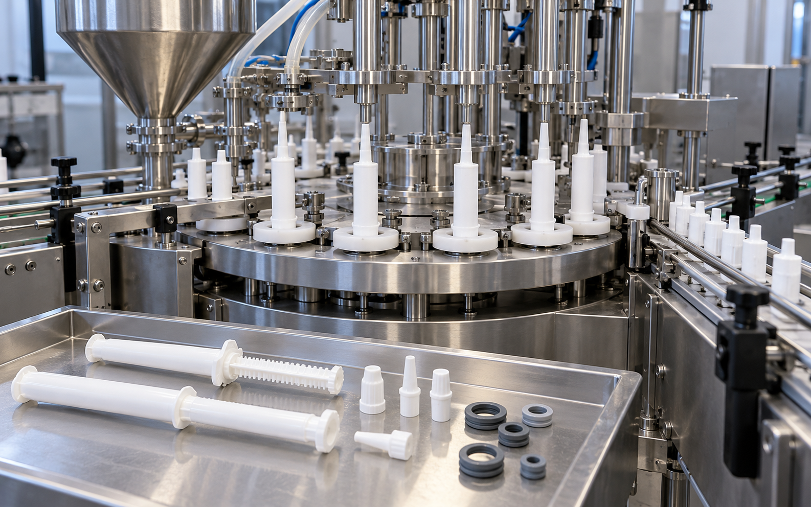 Toothpaste tube filling and sealing line with white plastic tubes and stainless steel stations