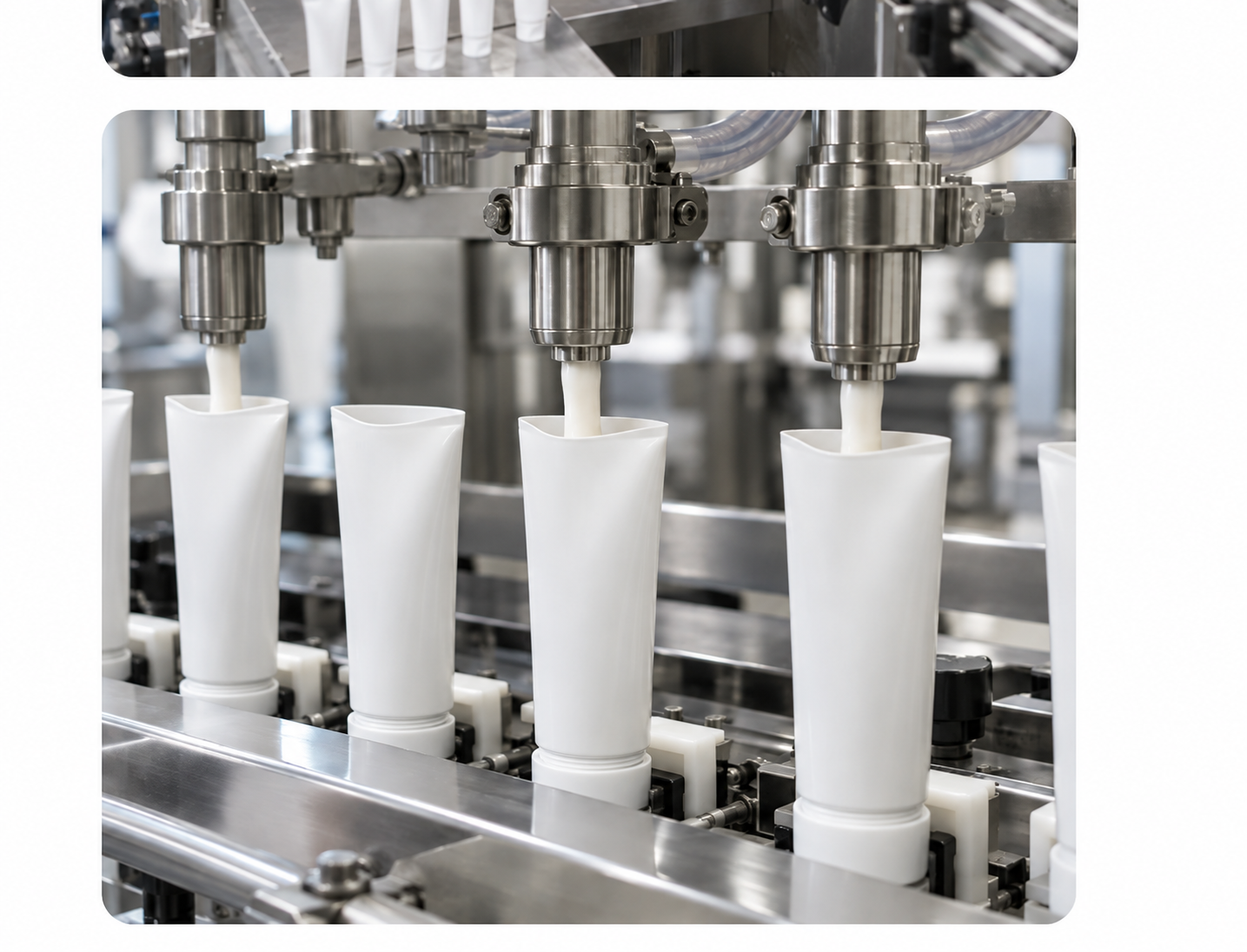 Filling nozzles dosing product through open tube tails with capped heads held below