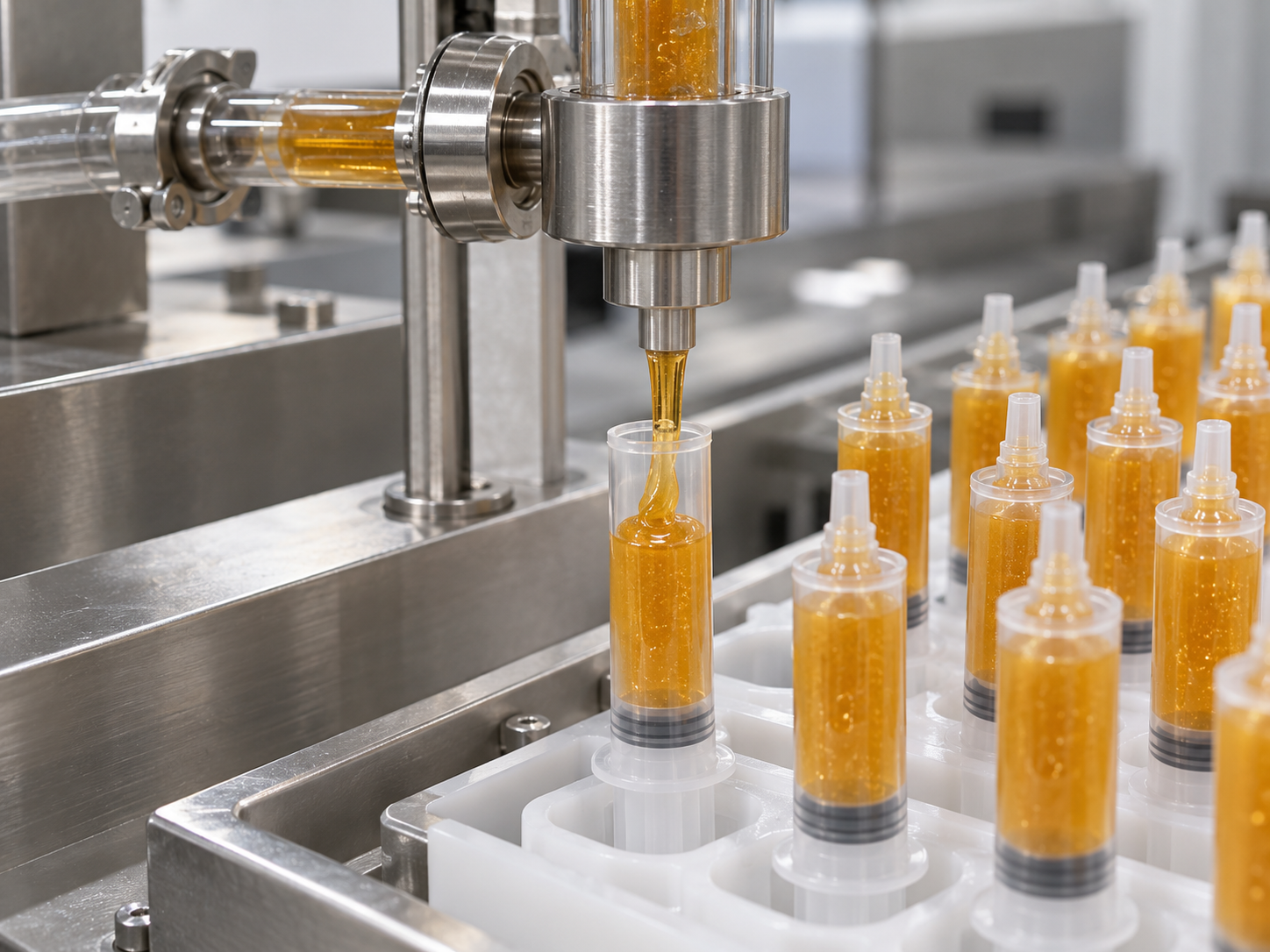 Close-up of a gel bait syringe filling nozzle depositing viscous gel