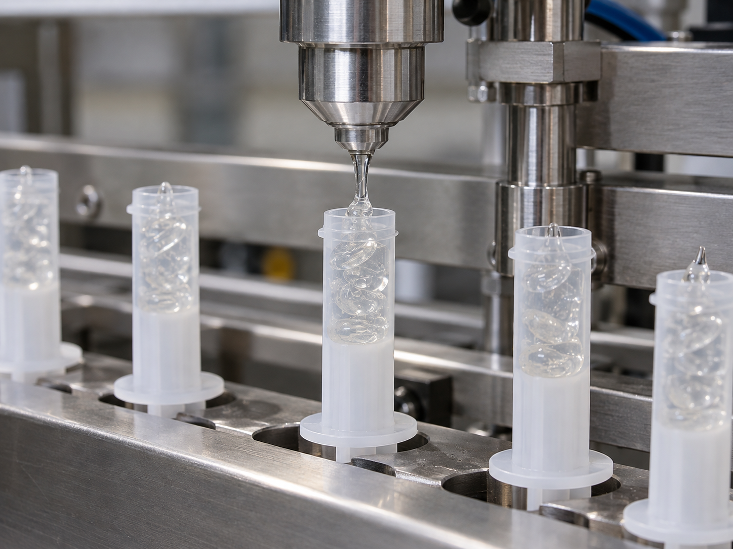 Ant gel bait dosing nozzle filling small syringe tubes with controlled cutoff
