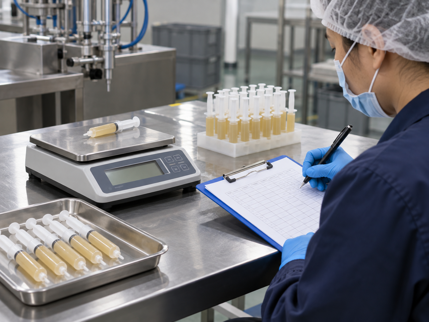 Operator checking filled gel bait syringes on a bench scale