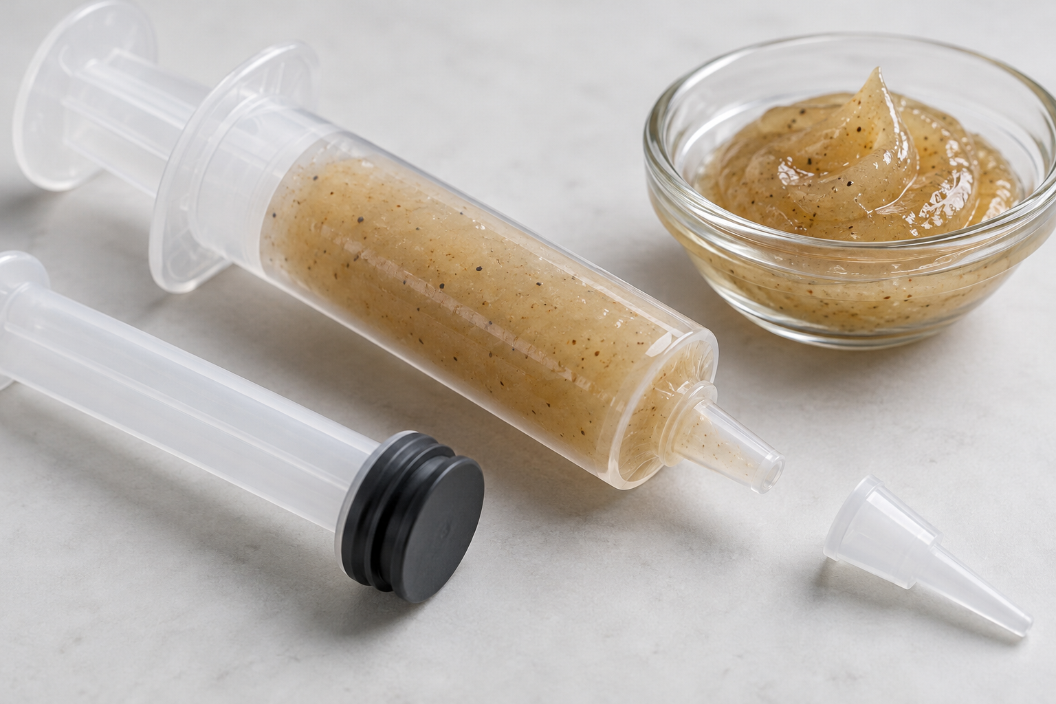 Filled cockroach gel bait syringe with piston and tip