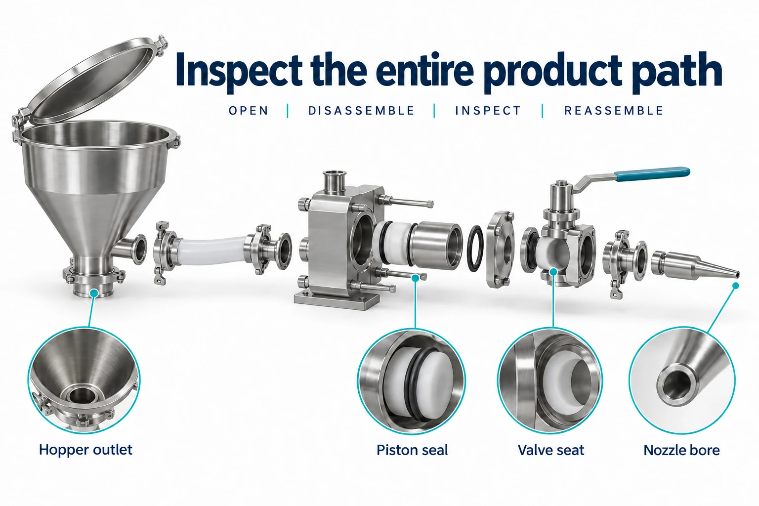 Hopper outlet piston seal valve seat and nozzle bore in an exploded filling path