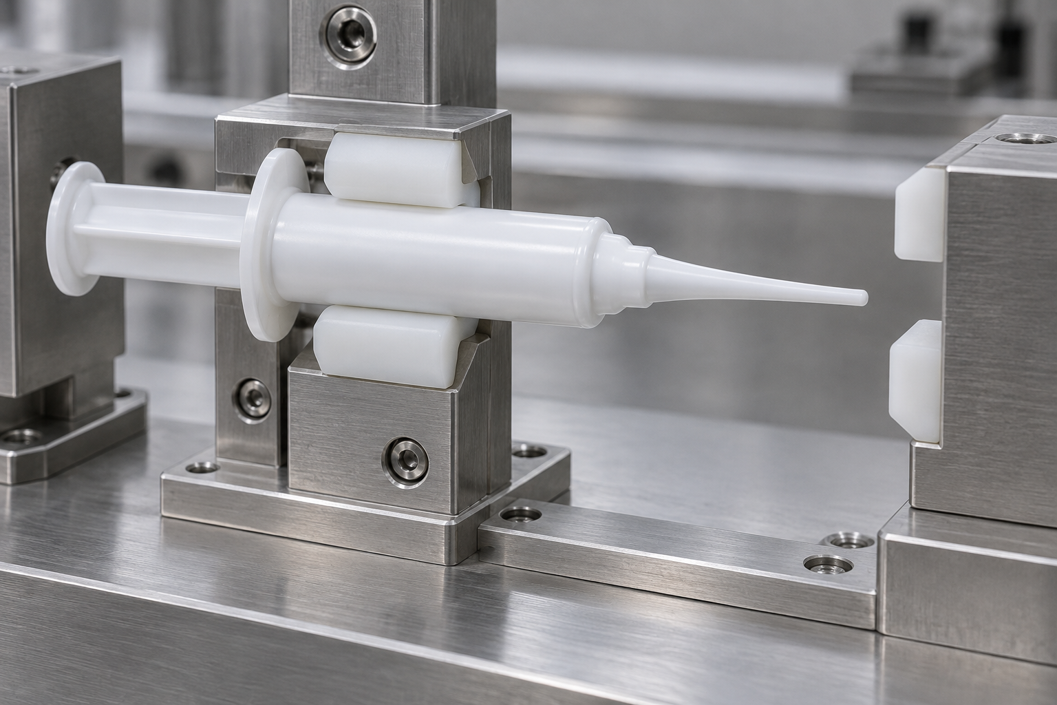 Fine-tip intramammary applicator barrel supported by polymer pads with clearance around the tip.