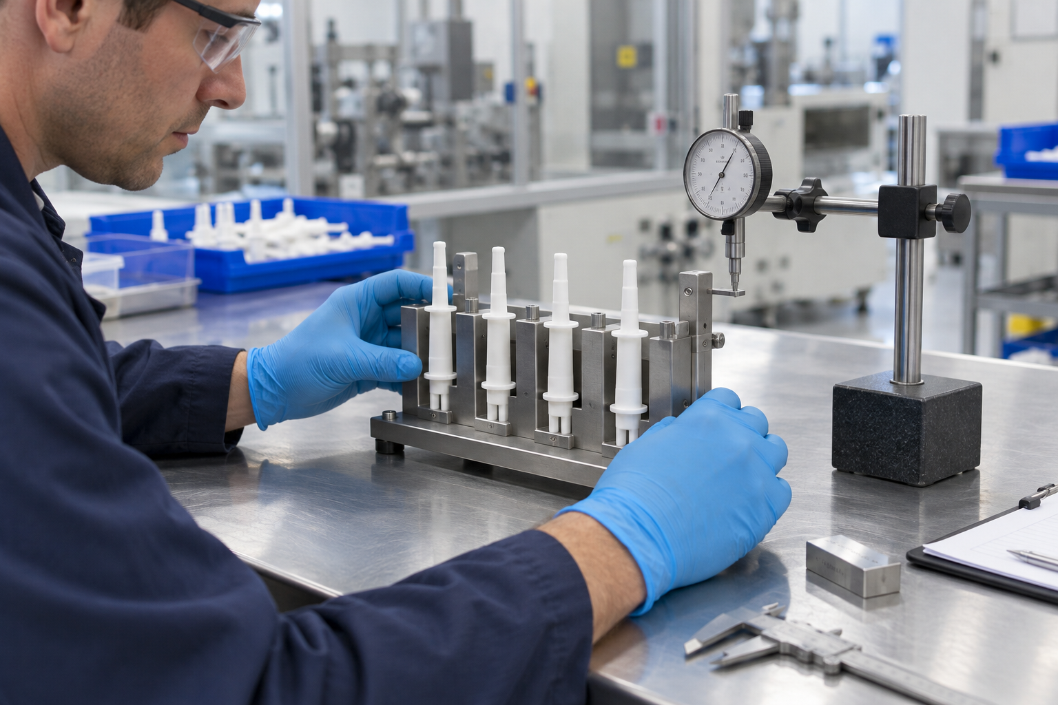 Technician inspecting intramammary applicator fixture with measurement gauge during factory testing.