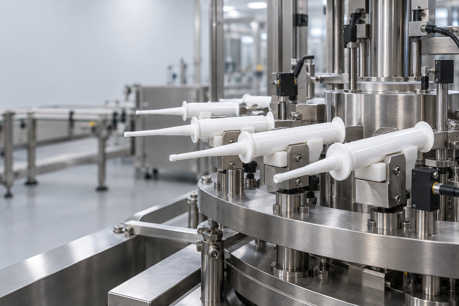 A fine-tip veterinary applicator supported by its body with the tip clear of tooling.