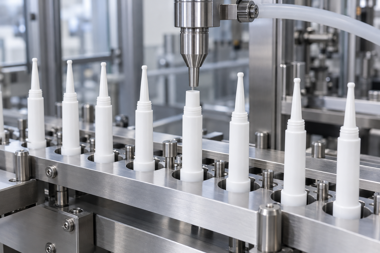 Fine-tip intramammary applicators held upright beneath a filling nozzle.