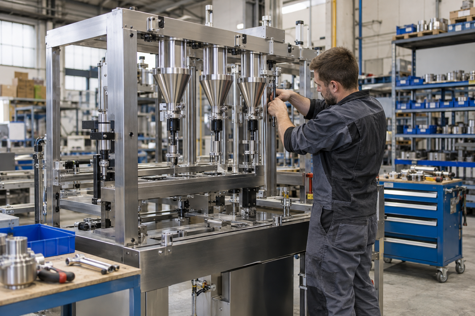 Cockroach gel bait syringe filling machine being assembled on a factory floor