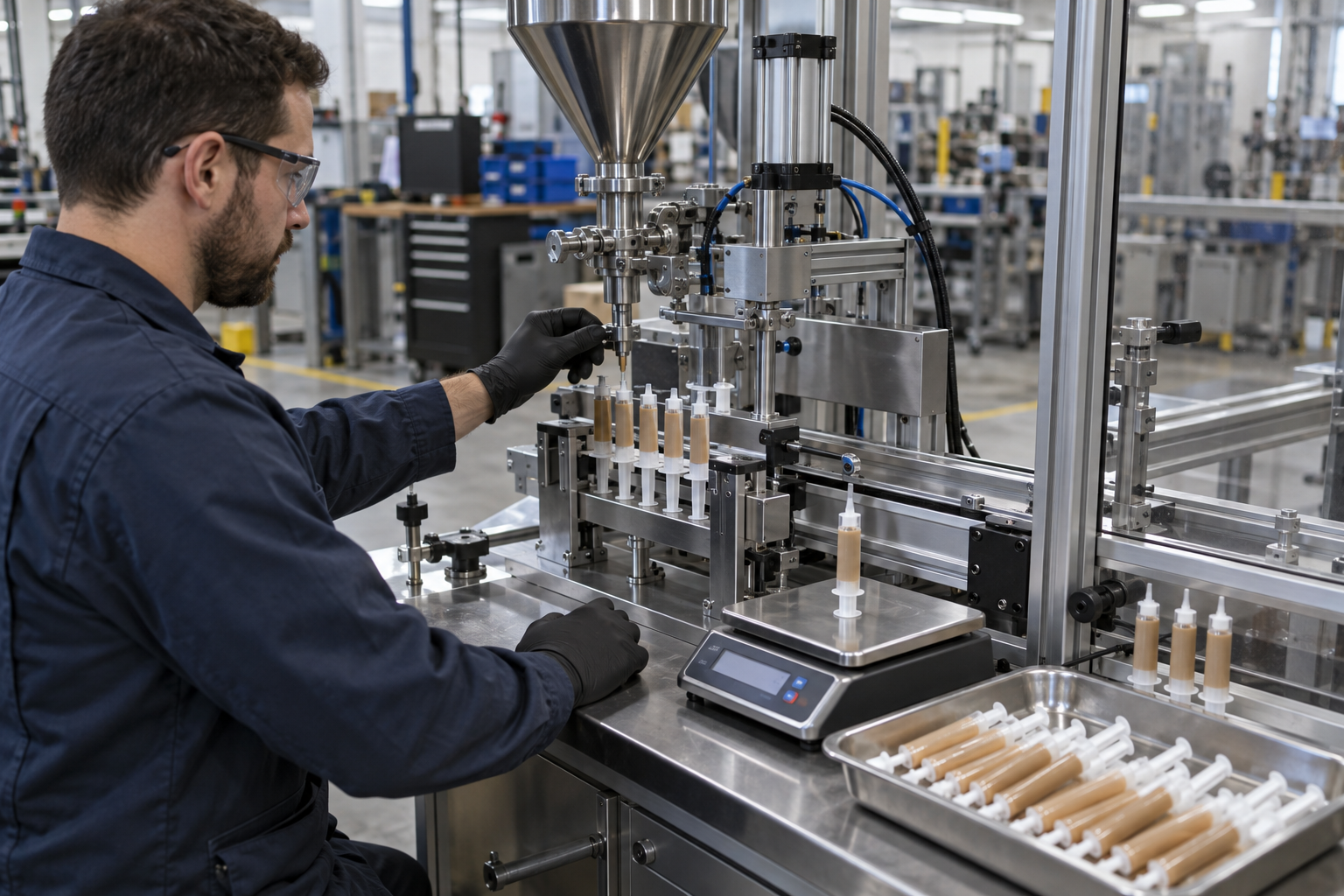 Gel bait syringe filling machine during factory testing before shipment