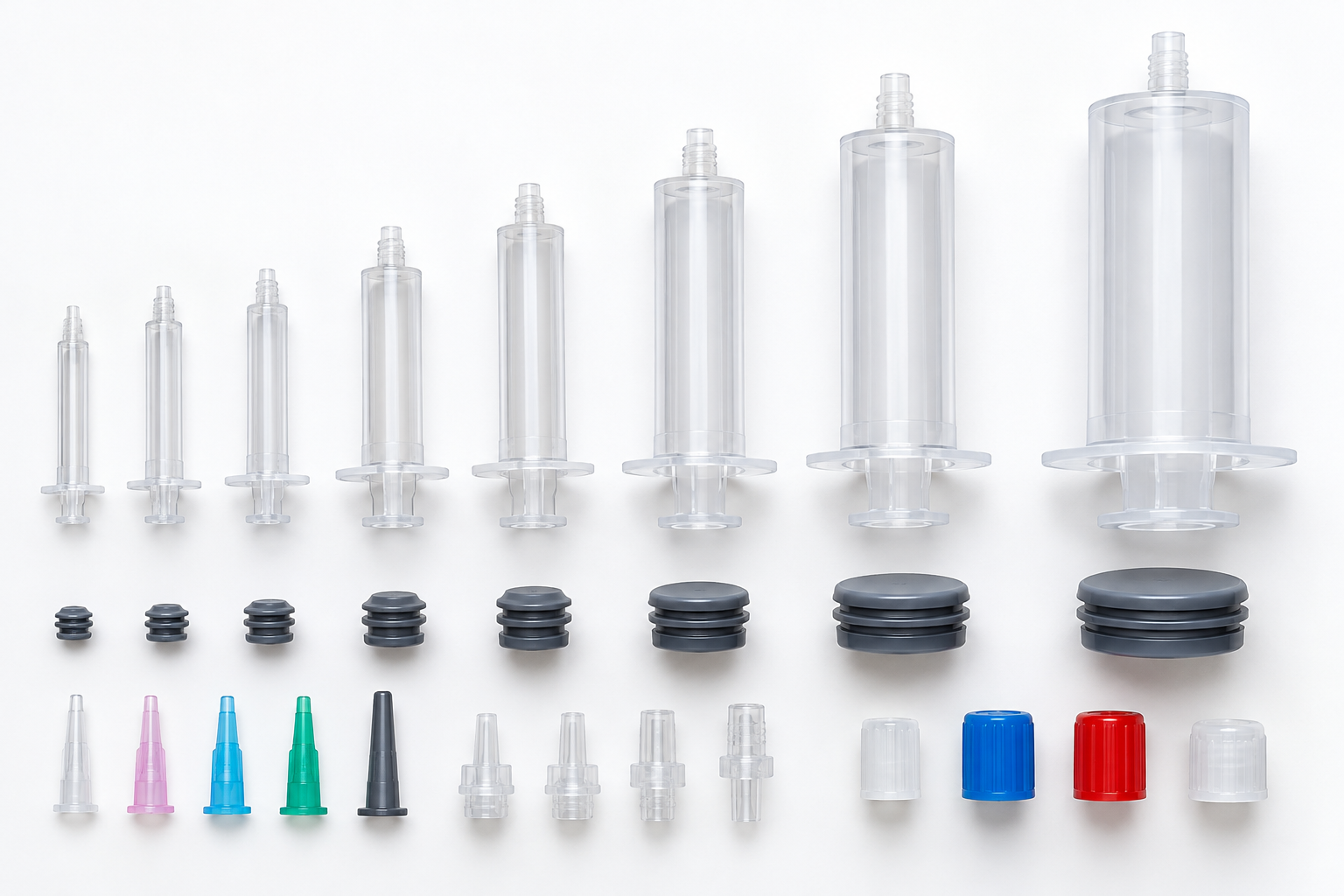 Gel bait syringe barrels, pistons, and caps in multiple sizes