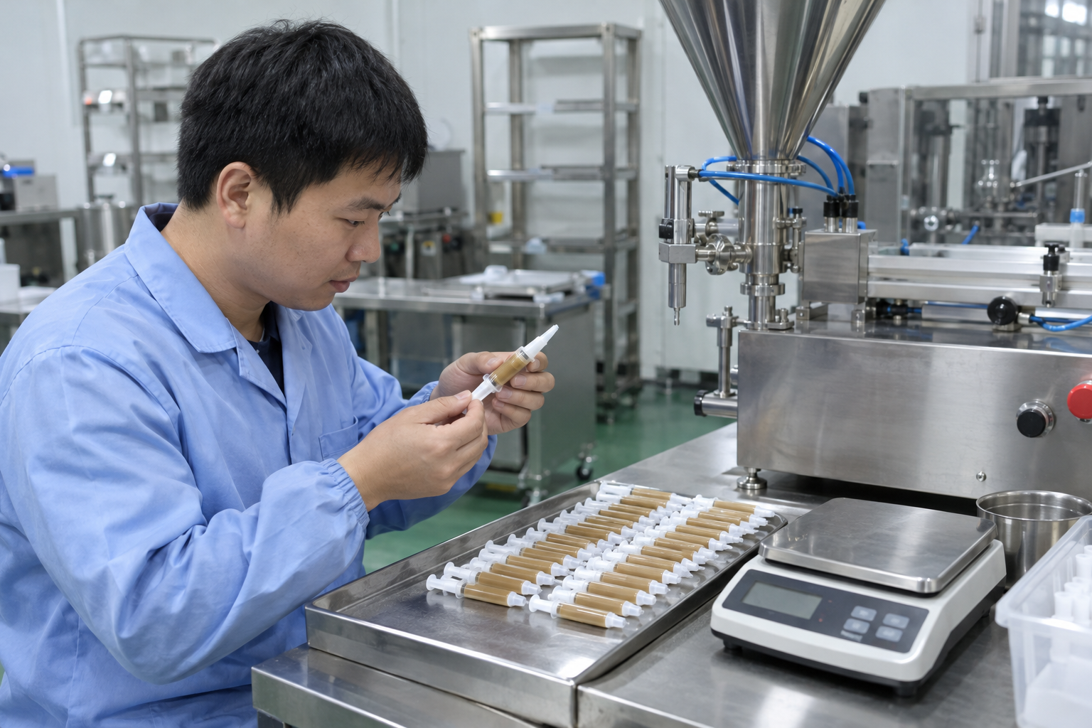 Factory sample trial of a cockroach gel bait syringe filling machine checking fill weight and cap closure
