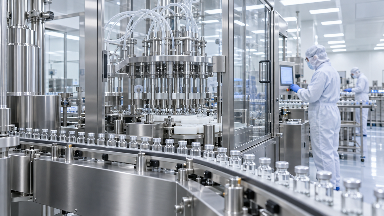 Engineer reviewing pharmaceutical filling machine documentation and drawings